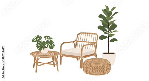 A minimalist arrangement of rattan furniture, including an armchair, a side table with a monstera, an ottoman, and a fiddle-leaf fig plant, is displayed on a white background.