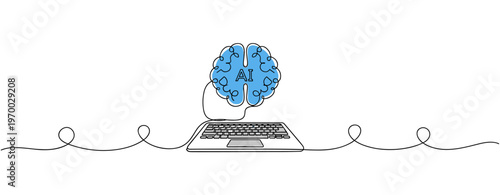 Laptop with illustrated ai brain connected on continuous line background