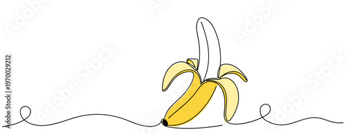 Banana partially peeled drawn in continuous line on white background