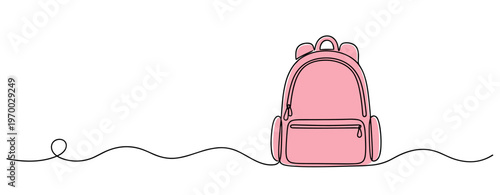 Pink backpack standing on continuous line background