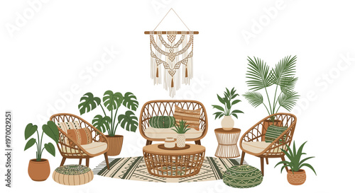 A comprehensive bohemian-style living room setup with rattan furniture, multiple potted plants, a patterned rug, and a macrame wall hanging is presented.