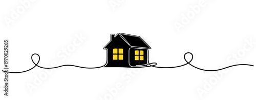 House silhouette with lit windows along looping line on white