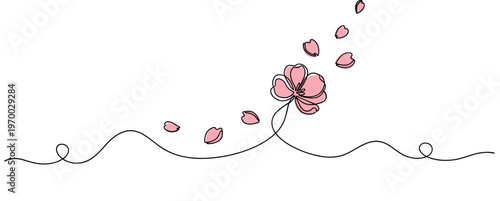 Flower losing petals drifting along continuous line white background