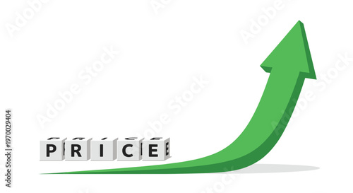 A bold three-dimensional green arrow curves sharply upwards from the left, with five white dice spelling PRICE at its base.