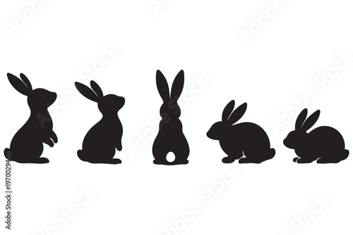 Easter day celebration with five happy rabbits silhouette on white background