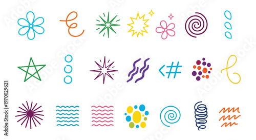 Colorful collection of hand-drawn abstract doodle design elements for creative vector illustration projects.