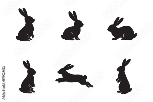 Silhouettes of Easter Bunnies Vector Isolated, Happy easter rabbits silhouette easter bunny friends view front and site illustration