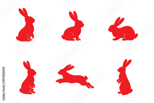 Easter day celebration with five happy rabbits silhouette on white background