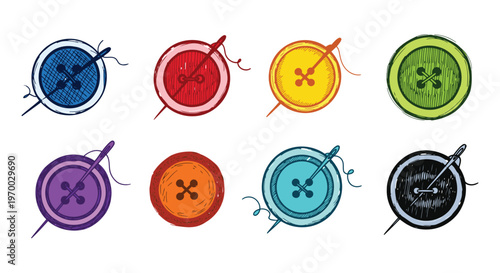 Eight colorful sewing buttons with needles and thread, a vibrant vector illustration graphic design