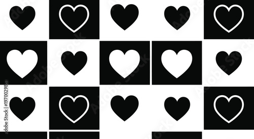 Monochromatic checkerboard pattern vector illustration featuring solid and outline heart shapes for graphic design
