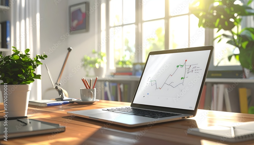 Fototapeta premium A modern workspace with a laptop displaying growth charts, sunlight brightening the room