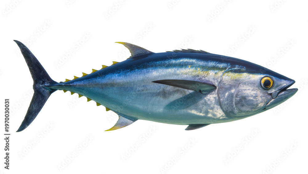 Fototapeta premium Vibrant blue tuna swimming, displaying silver underbelly and yellow fin details