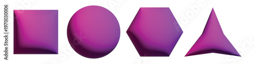 Modern vector illustration displaying a row of diverse three-dimensional purple geometric forms.