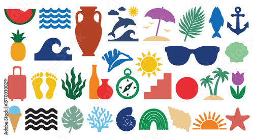 Colorful vector illustration featuring a diverse collection of travel, summer, and nature themed graphic elements