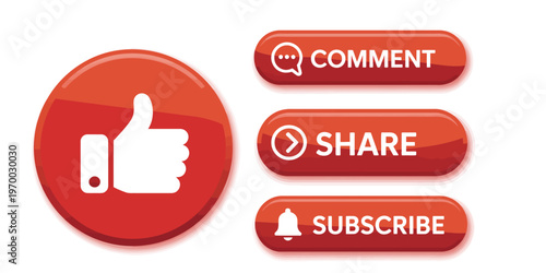 YouTube button set, including comment, like, subscribe, share, and bell icons, vector illustrations in flat minimalist style, ideal for digital interfaces, social media graphics, and video branding.