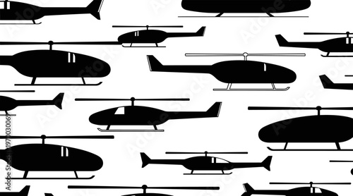 Helicopters flying in repeated formation on white background, no seamless