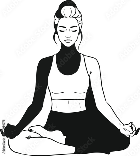 The black-and-white illustration depicts a serene young woman in a meditative state with her eyes closed. Her hair is elegantly combed and surrounded by a blue border with delicate interface icons.