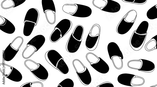 House slippers scattered across white background in pattern, no seamless