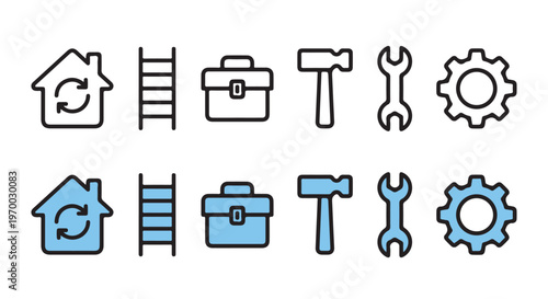 Set of vector line and filled icons representing home repair, construction, and maintenance services