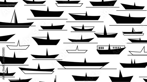 Boats and paper boats scattered in monochrome sea pattern, no seamless