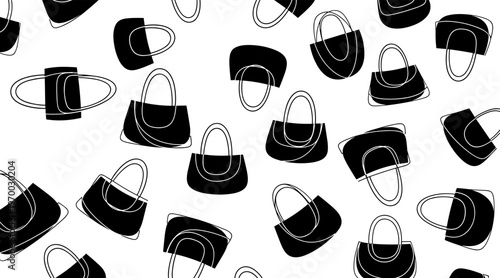 Black handbags scattered and rotated on white background, no seamless