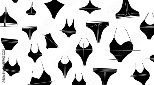 Bikini and swimsuit silhouettes scattered on white background, no seamless