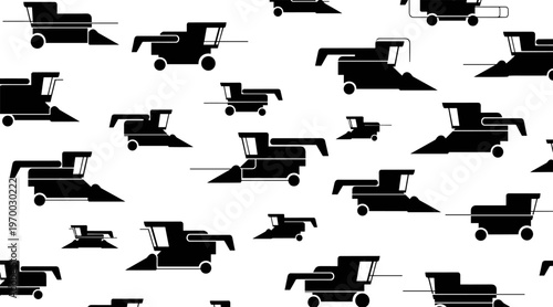 Combine harvesters moving in repetitive pattern on white background, no seamless
