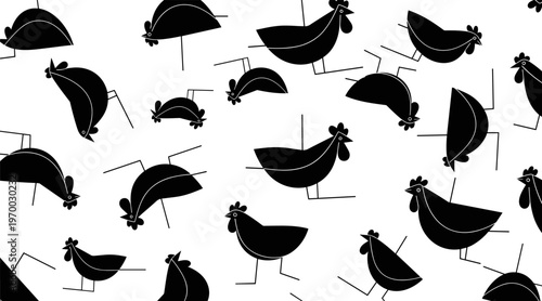 Chickens scattered silhouettes in seamless pattern composition, no seamless