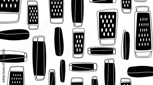 Cheese grater silhouettes repeating pattern on white background, no seamless
