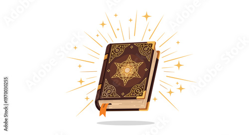 An antique brown magic spell book with an ornate golden starburst cover design floats, emitting golden light rays and stars on a white background.