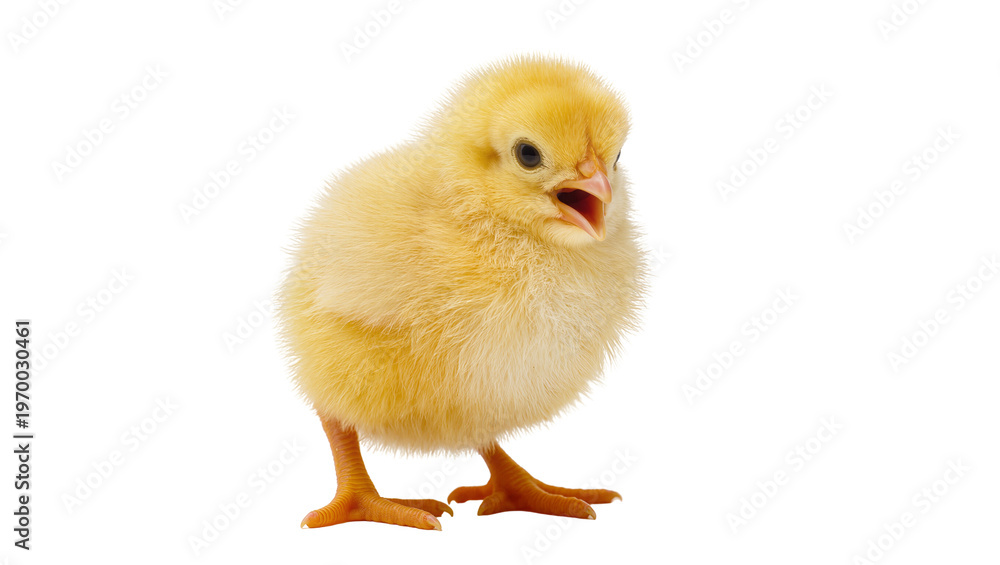 Obraz premium Fluffy yellow chick chirping loudly, displaying tiny beak and orange feet