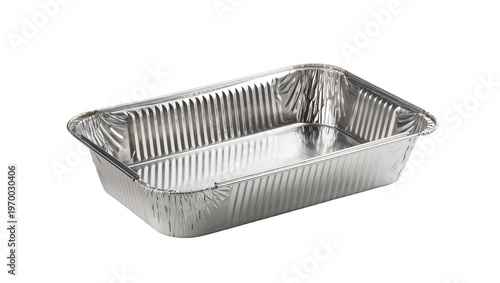 Shiny aluminum rectangular food container, ribbed sides showing takeout packaging