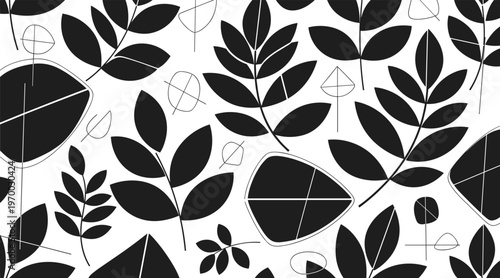 Leaves and branches repeating pattern on white seamless background, no seamless