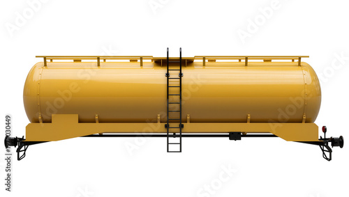 Yellow cylindrical tank car featuring metal ladder wheels, and red reflectors