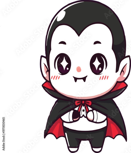 A cute chibi vampire boy wearing a black-and-red cape smiles innocently against a plain background.