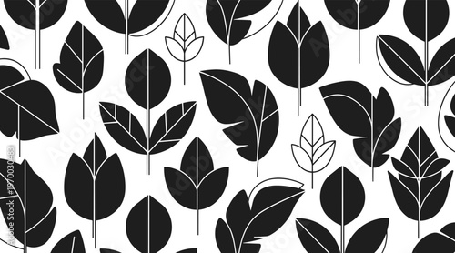 Various leaf shapes repeated on white monochrome background, no seamless