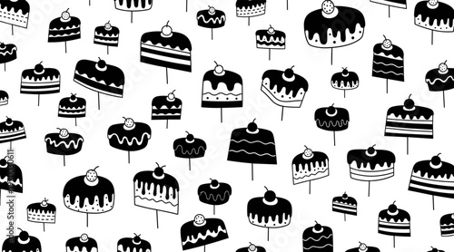 Cake silhouettes repeated across white pastry pattern background, no seamless