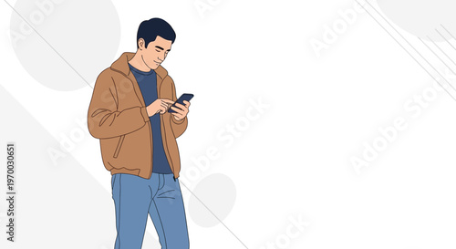 Man in Brown Jacket Using Smartphone, Modern Minimalist Background