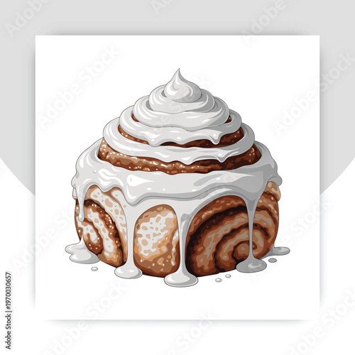 Swirled cinnamon pastry with creamy white icing dripping down the sides isolated on a transparent background,