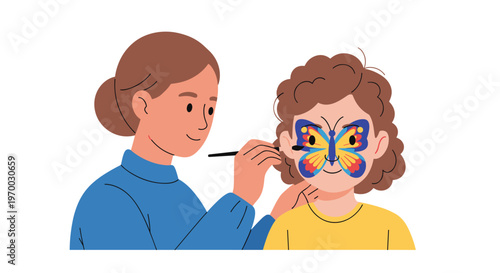 A woman in a blue top applies yellow and blue butterfly face paint to a young girl's cheek against a white background.