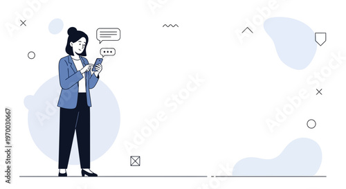 Woman Texting on Phone with Chat Bubbles, Modern Minimalist Illustration