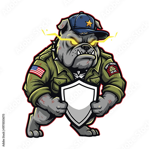Aggressive Bulldog Warrior in Military Jacket with Shield