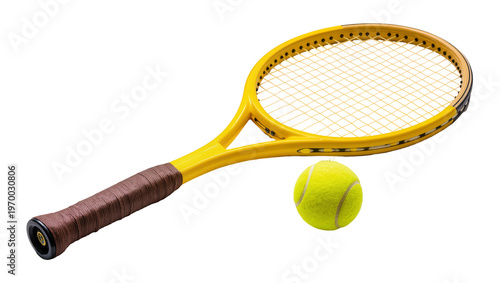 Photos Yellow tennis racket with grip, next to fuzzy yellow tennis ball