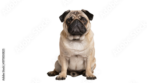 Canvastavla Beige fawn pug puppy sitting attentively, gazing forward with wrinkled face