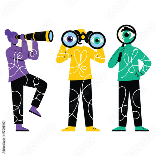 Cuadro en lienzo Visionary Perspectives: A trio of stylized figures, each equipped with a unique optical instrument, symbolizing different approaches to observation and insight