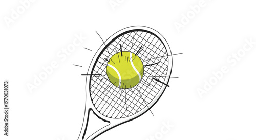 A hand-drawn tennis racket with a yellow ball at its center is depicted on a clean white background.