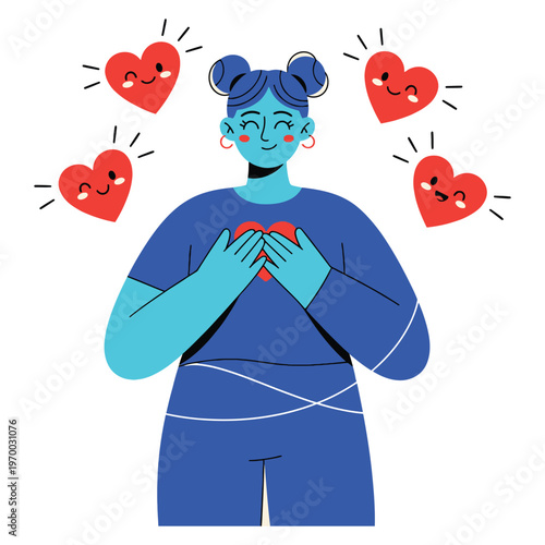 Self-Love Embrace: A woman radiating warmth, joy, and self-acceptance, encircled by cheerful, animated hearts, each symbolizing love, happiness, and emotional well-being.