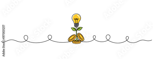 Lightbulb sprouting from coins representing growth idea on line. no editable stroke