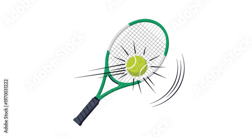 A green and white tennis racket strikes a yellow ball with visible motion lines on a clean white background.