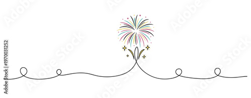 Colorful fireworks burst above curved line in celebration. no editable stroke
